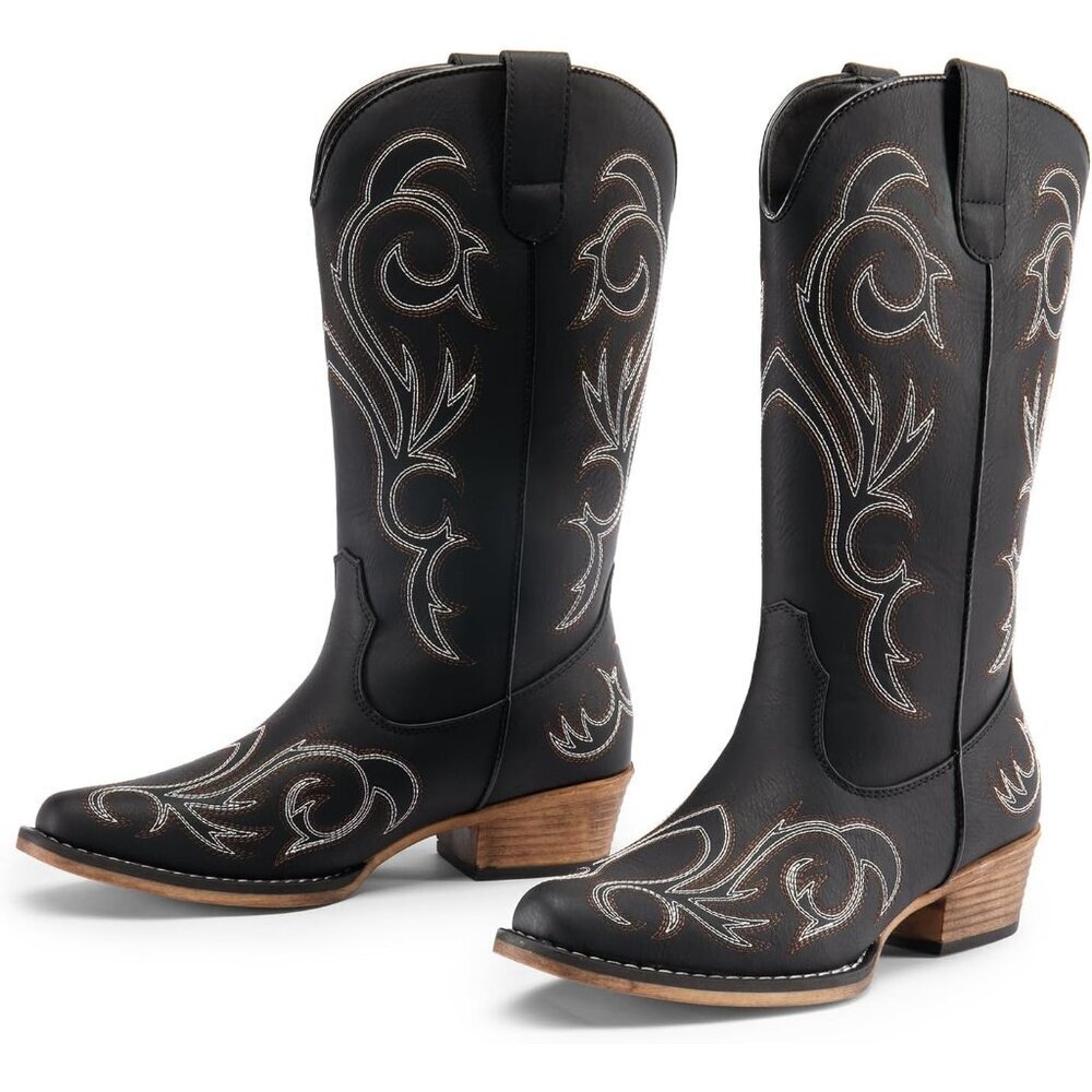 Women's Black Mid Calf Cowgirl Square Toe Chunky Embroidery Stitched Boots
